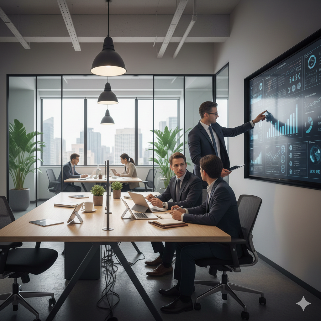 Profesionales consultando sobre gestión de tesorería empresarial en un entorno moderno de oficina