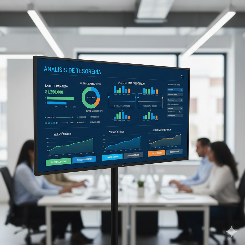 Dashboard con gráficos de flujo de caja mostrando análisis detallado de tesorería
