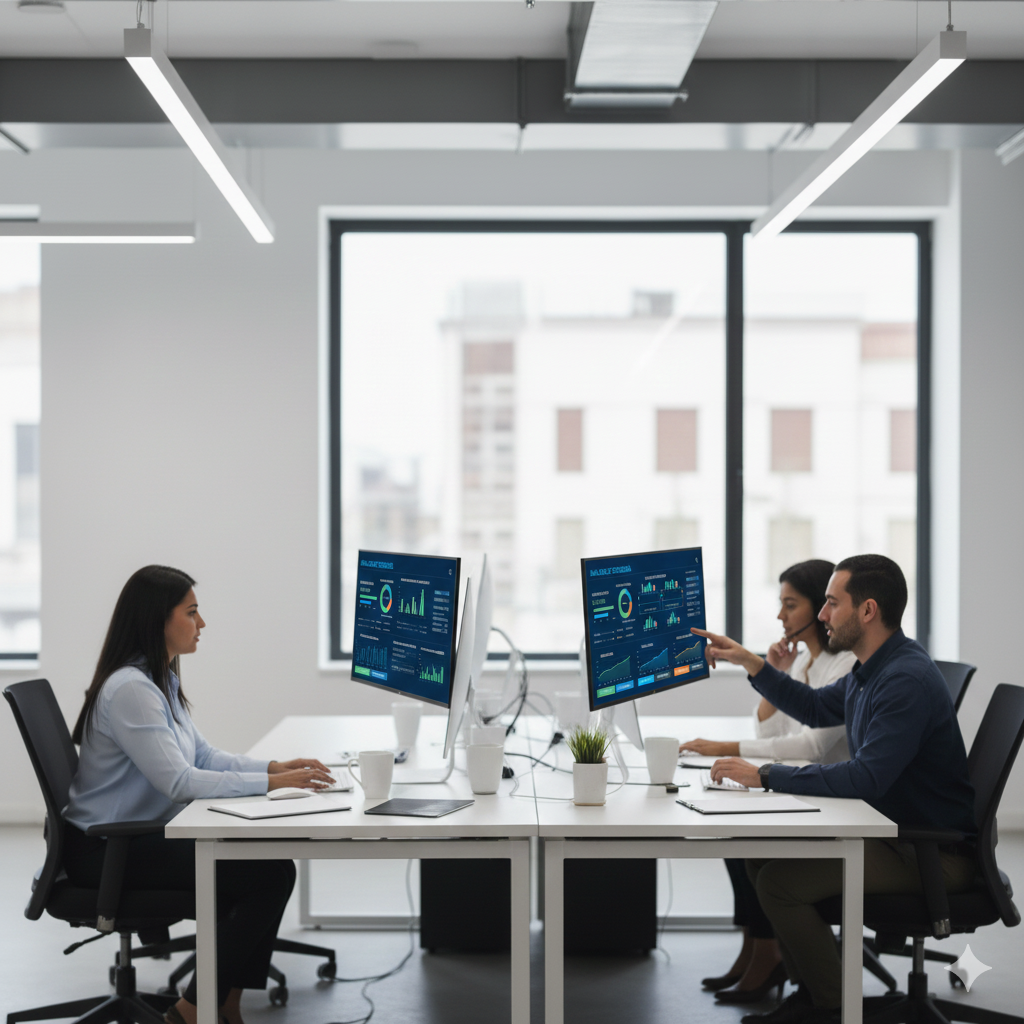 Equipo de finanzas implementando sistema de tesorería en computadoras con gráficos de flujo de caja en pantalla