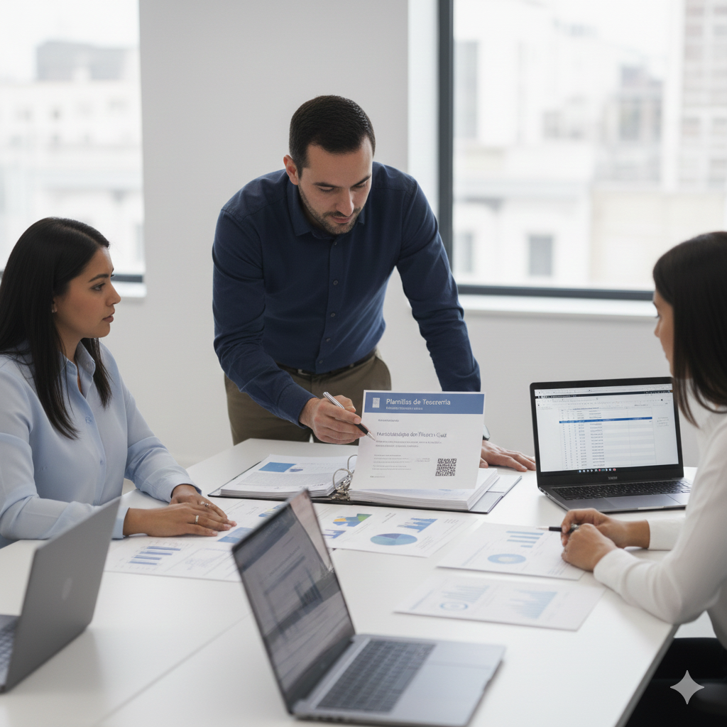 Consultor mostrando plantillas de tesorería y metodologías en documentos profesionales sobre mesa de trabajo